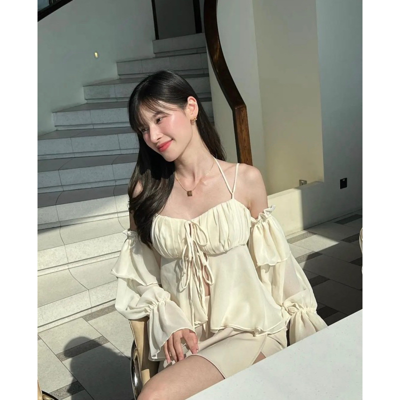 Adele - Cream 🍦🐰✨(เซ็ตเสื้อชีฟองกับกระโปรงกางเกงค่ะ) AD-CREAM