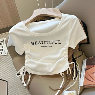 Manjusaka⭐️พร้อมส่ง⭐️Crop top เสื้อครอปท็อป คอกลม แขนสั้น y2k เสื้อยืดแขนสั้น สีขาว สไตล์เกาหลี สําหรับผู้หญิง #28366