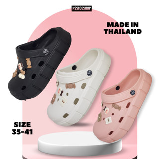 รองเท้าหัวโต CLOG Jibbitz ผู้หญิง พื้นหนา ส้นตึก แนว Crocs สีดำล้วน