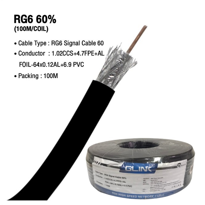 GLINK สายนำสัญญาณRG6 100 M ชิลด์60% (สีดำ)