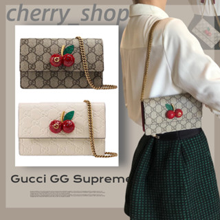 🍒กุชชี่ GUCCI GG Supreme Canvas Cherry Mini Bag 🍒แท้กระเป๋ามินิเชอร์รี่ในผ้าใบ กระเป๋าสะพายไหล่สายโซ่🍒