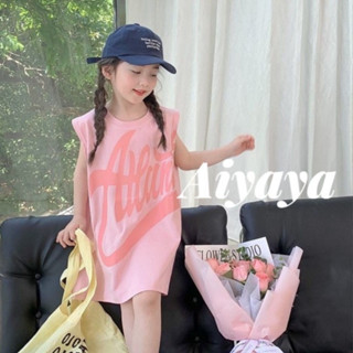 Aiyaya ชุดเดรสเด็กผู้หญิง ชุดแขนกุดสีชมพู สไตล์เกาหลี แฟชั่นฤดูร้อน อายุ 2-10 ปี (649)