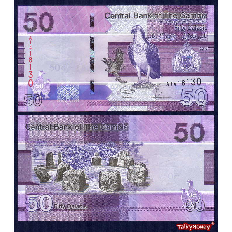 ธนบัตร แกมเบีย Gambia 50 ดาราซิส P-40 ปี 2019 เหยี่ยวอาฟริกัน สภาพใหม่เอี่ยม 100% UNC ไม่ผ่านการใช้ สำหรับสะสมที่ระลึก