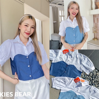 เสื้อเชิ้ตแขนสั้นคอปกทูโทน Cookies bear🏷️ สไตล์เกาหลี แต่งผ้าเชิ้ตกับผ้ายีนส์ทรงใหม่ แขนตุ๊กตา งานกระดุมมุกหัวใจ