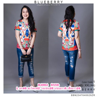 (อก40,44) B4004 Blueberry Nights เสื้อเชิ้ต คอกลม แขนสั้น  ผ้ายืดโพลีเอสเตอร์ผสม พิมพ์ลายสีคมชัดสวยเป๊ะ