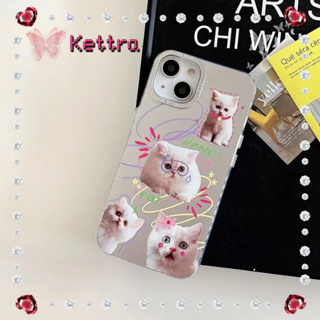 💜Kettra💜ป้องกันการหล่น ขอบเต็ม iPhone 11 14 pro max การ์ตูน ลูกแมว เงิน เส้นขอบโปร่งใส น่ารัก case for iPhone 12 13