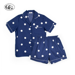 G&amp;G Nightwear รุ่น EN2PC3 ชุดนอนเสื้อแขนสั้นคอปก + กางเกงขาสั้น ลายจุด ผ้า Cotton สี NV