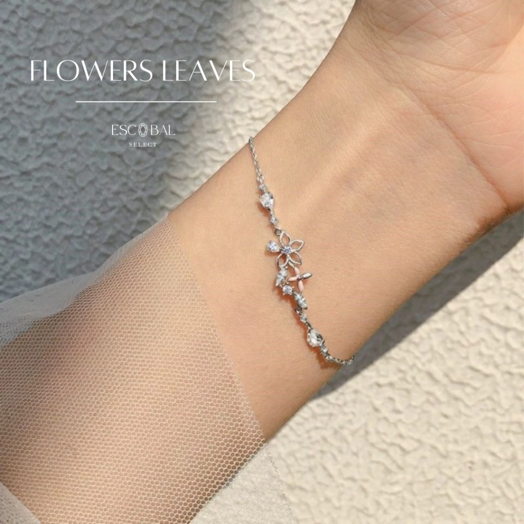 ESCOBAL สร้อยข้อมือเงินแท้ Leaves Flowers กำไลเพชร Moissanite แท้ กําไลข้อมือผู้หญิง Valentine