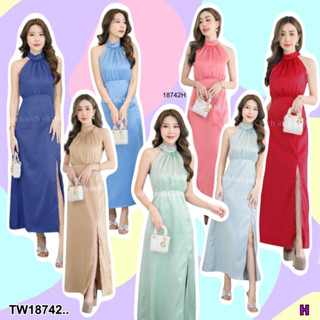 TwinsShopVip💗พร้อมส่ง TW18742 เดรสราตรียาว แขนกุด ผ่าหน้า ..