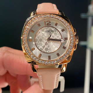 Coach Boyfriend, 34mm, rose gold plated case, crystal set bezel, siliver white dial and pink leather strap