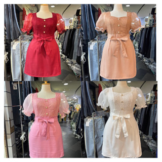 เดรสสาวอวบผ้าซาร่าแต่งลูกไม้  อก 38-42 เดรสออกงาน dress plussize