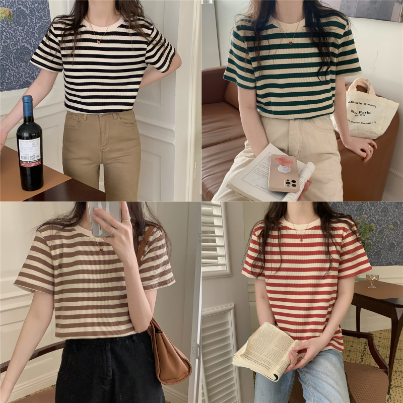 Anna 0587 เสื้อยืด คอกลม แขนสั้น ผ้าฝ้าย ลายทาง แฟชั่นฤดูร้อน สําหรับผู้หญิง