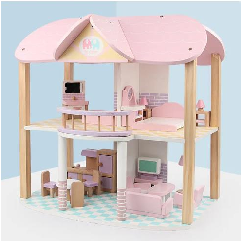 ของเล่นDIYบ้านไม้จำลอง บ้านตุ๊กตาเด็ก Villa House ฉากบ้านสีชมพู Princess House🏠