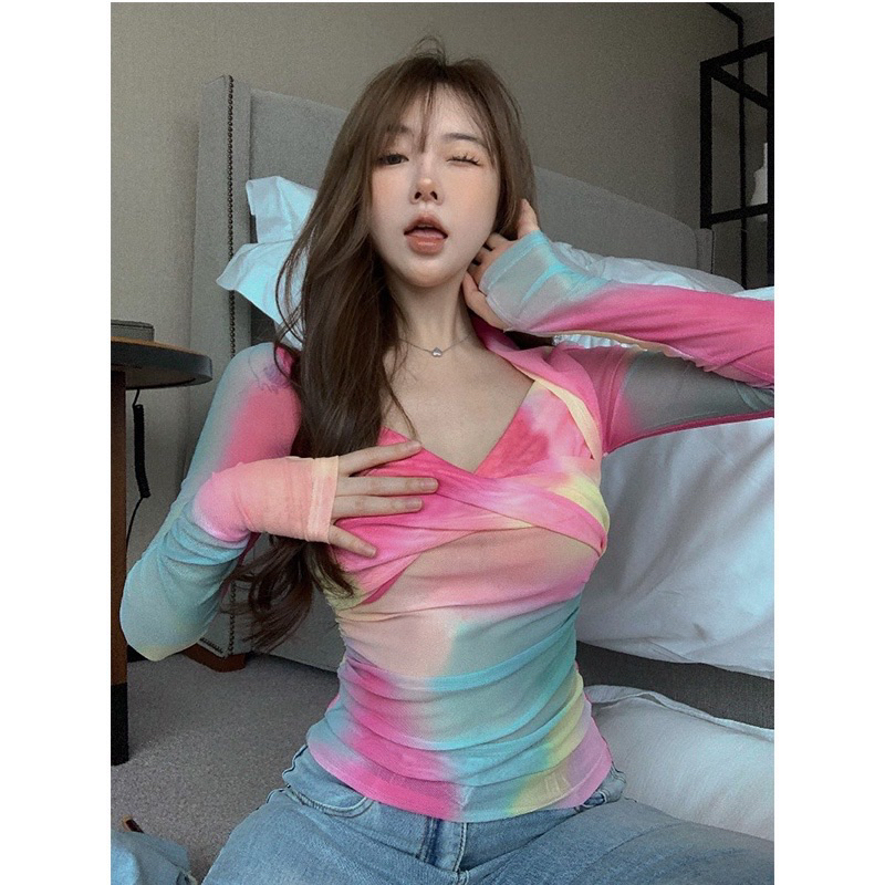 พร้อมส่ว ผ้าตาข่ายแขนยาวสีรุ้งทรงบิดหน้า ราคา ถูกที่สุด ดีลบีเคเค แกลเลอรีภาพที่ 7