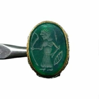 แหวนหินอาเกต แหวนหินโมรา สีเขียว แกะสลักโรมัน ขนาด 55 Natural Green Agate Roman Intaglio Engraved Ring Size 55