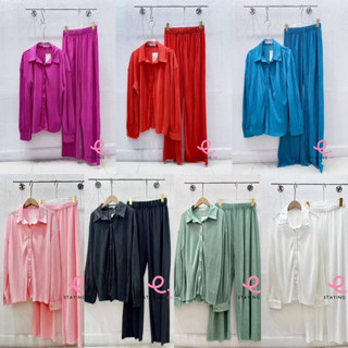 ชุดเซ็ตอัดพลีท ผ้าอัดพลีท เสื้อเชิ้ต+ ขายาว คอปก