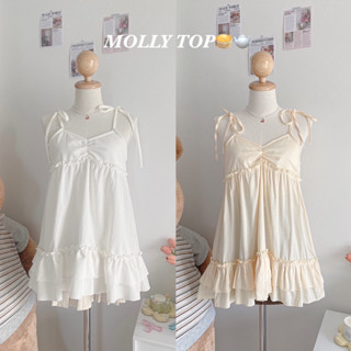 MOLLY TOP🥞🫖 พร้อมส่ง สายเดี่ยวผูกไหล่ สายเดี่ยวชายระบาย สายเดี่ยวตัวยาว มินิเดรสสั้น พองๆน่ารักๆ มินิเดรสเกาหลี