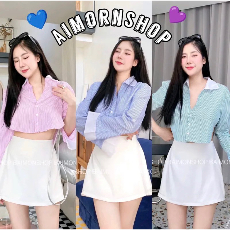 ซื้อ 🔥aimornshop🔥เสื้อเชิ้ตคอปก เชิ้ตครอปเว้าข้าง🌈🌈🌈🌈ใส่แล้วดูดีมากๆ เนื้อดีใส่สบาย