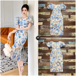 ราคาถูกที่สุด!!  Celebstyle เดรสสอบลายดอกฟ้าแซมน้ำตาลแขนพอง