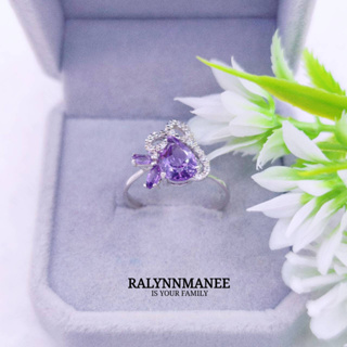 D6473 แหวนพลอยอเมทิสต์แท้ ( Amethyst ) ตัวเรือนเงินแท้ 925 ชุบทองคำขาว ไซส์ 56 แก้ไซส์ฟรี