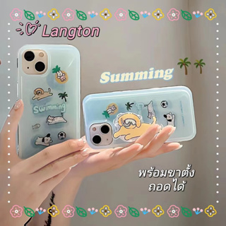 🌈Langton🌸ป้องกันการหล่น ขอบเต็ม ขาตั้ง ถอดได้ iphone 11 14 pro max การ์ตูน ลูกสุนัข สีฟ้า น่ารัก case for iPhone 12 13