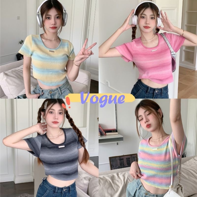 Vogue พร้อมส่ง เสื้อไหมพรมแขนสั้น คอกลม ลายทางสีพาสเทล (80088) -C