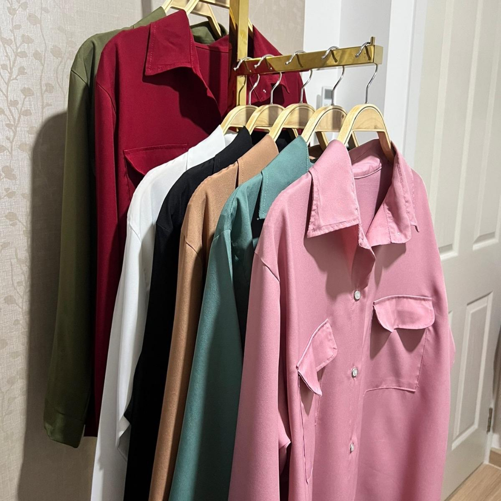 เสื้อเชิ้ตแขนยาวคอปก อก 46 นิ้ว แต่งดีเทลกระเป๋าคู่ งานผ้าไหมอิตาลี มีหลายสีให้เลือก