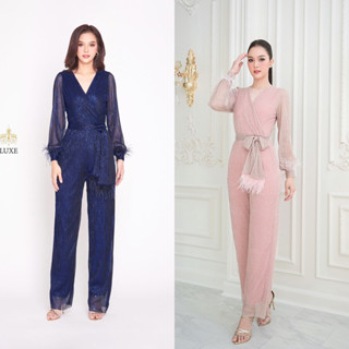 ♥️ M7 Jumpsuit จั๊มสูทขายาว คอป้าย แขนยาว พร้อมผ้าผูกเอวแต่งขนนก จั๊มสูทออกงาน ใส่ได้หลายโอกาส LUXE