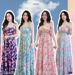 MF14195 Maxi dress ลายดอกไม้ สม๊อคหลัง  ตัดต่อระบายย่นที่ชายกระโปรง มีสายผูกหลัง งานผ้าไหมอิตาลี ลายผ้าสวย ใส่ได้ตลอดไม่