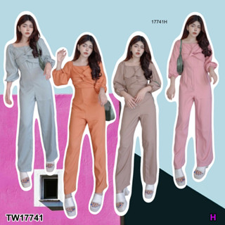 TwinsShopVip💗พร้อมส่ง TW17741 Jumpsuit จั้มสูทขายาว แขนพอง อกแต่งผ้าม้วน ..