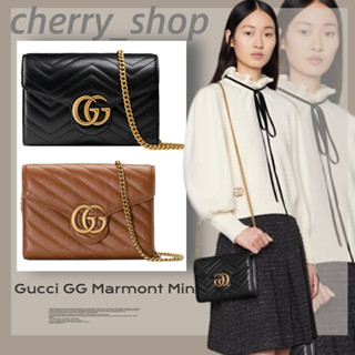 🍒กุชชี่ Gucci GG Marmont Mini Quilted Bag🍒ผู้หญิง/กระเป๋าสะพายไหล่/กระเป๋าสะพายข้างกระเป๋าโซ่🍒