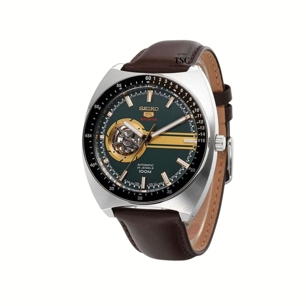 นาฬิกาผู้ชาย SEIKO 5 Sports รุ่น SSA333K1 Automatic สายหนัง หน้าเขียวทอง โชว์เครื่อง จำหน่ายแต่ของแท้ 100%
