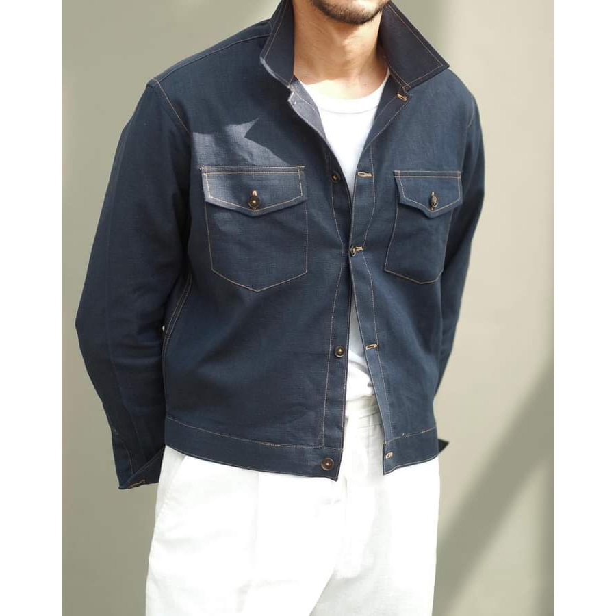 fake navy denim (linen) trucker jacket แจ็คเก็ตผ้าลินินสีกรมทรงสั้น – โปรปัง