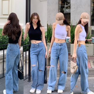 Mum Jeans 990.- กางเกงยีนส์ทรงกระบอกแต่งขาดไม่มาก ทรงสวย ผ้ายีนส์พรีเมียม