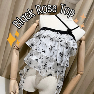 เสื้อครอปสายเดี่ยวสายไขว้ ชายระบายเป็นชั้นๆ สีขาวลายดอกกุหลาบดำ Black Rose Top