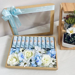 กล่องของขวัญ กล่องใส่แบงค์ 10ใบ กล่องใส่ธนบัตร สีน้ำตาล ดอกฟ้า ขาว พร้อมส่ง