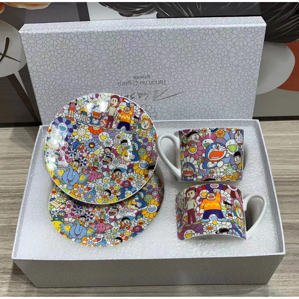 Takashi Murakami Doraemon Co-branding Mug Sunflower Robot Cat Bone Porcelain Cup and Disc Set 2 cups and 2 discs