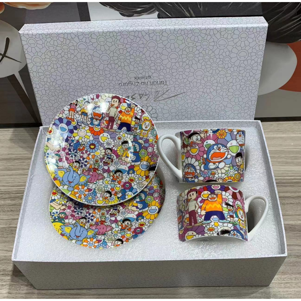Takashi Murakami Doraemon Co-branding Mug Sunflower Robot Cat Bone Porcelain Cup and Disc Set 2 cups