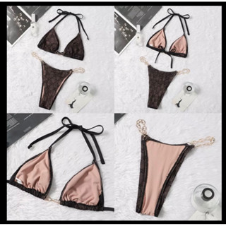 Bikini Gucci ซีทรู สายฝอแซ่บ แต่งขอบด้วยโซ่ตัวจี สีทอง สวยมาก 2 สี ดำ นู๊ด