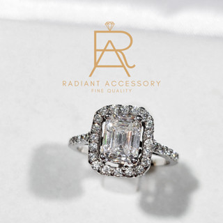 แหวนเงินแท้ ชุบทองคำขาว ฝังเพชร Moissanite Emerald cut 2 กะรัต