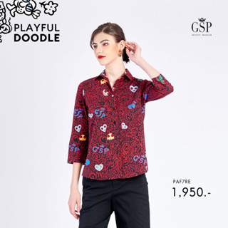 GSP เสื้อเชิ๊ตแขนสี่ส่วน พิมพ์ลาย Playful doodle ทรง comfort fit ( PAF7RE )