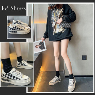 🚨F2 พร้อมส่ง🚨รองเท้าผ้าใบแฟชั่น เสริมความสูง ลายตารางหมากรุก สีขาวดำ