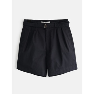 [JBB*] BLACK COTTON BELTED SHORTS WITH DOUBLE PLEATS เจบีบี กางเกงขายาวผู้ชาย กางเกงขาสั้นสองจีบทรงหลวม กางกางมีเข็มขัด