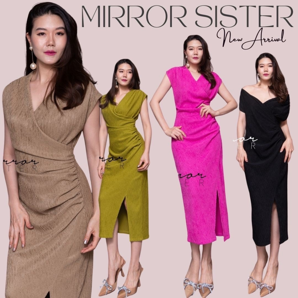 🔖Mirrorsister​ 30708.2 เดรสตัวยาว ดีไซน์สวย ช่วงบนเป็นเสื้อคอวีไขว้ทับกัน ช่วงล่างเป็นกระโปรงแพทเทรินทรงสอบผ่าหน้า