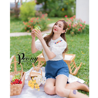 PEONY:Set เสื้อแขนสั้นลูกไม้ปกปักลาย+กก.ยีนขาสั้น(*สอบถามสต๊อกก่อนกดสั่งน๊า)