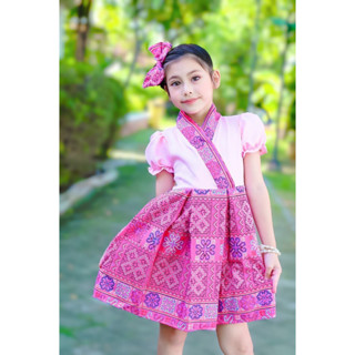ชุดไทยเด็ก เดรสกระโปรงผ้าฝ้าย พื้นเมือง เนื้อนุ่มใส่สบาย ทรงหลวม มีโบว์ผูกหลัง + แถมกิ้บโบว์
