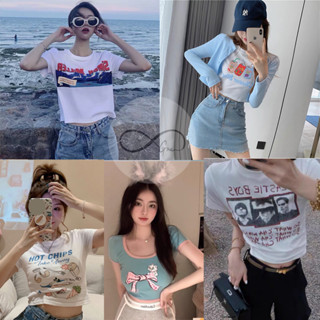 💥HOT💥 เสื้อครอปสายฝอแขนสั้นแฟชั่น เสื้อครอปผู้หญิง CROP-TOP สไตล์เกาหลี CF