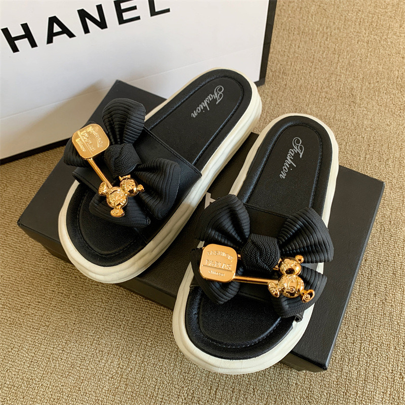 รองเท้าแบบสวมพื้นนุ่ม สไตล์เกาหลี รองเท้าแตะแต่งโบว์และหมีน่ารักๆ พื้นหนา - รูปที่ 6