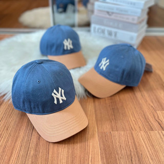 &lt;พร้อมส่ง&gt;หมวก MLB Color Block Denim-Like Unstructured Ball Cap หมวกสีกรม ปีกสีน้ำตาล NY 💙🤎