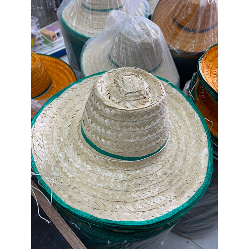 (ยกถุง 50 ใบ) หมวกสาน ขอบเขียว ปีกกว้าง 4นิ้ว สีขาว,ส้ม